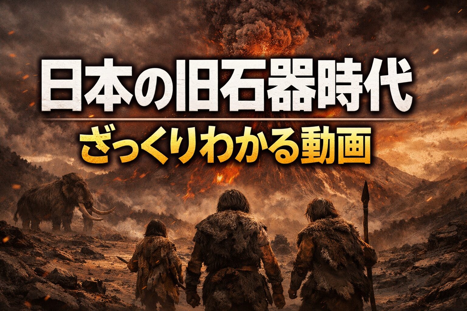 日本の旧石器時代の風景を描いたイメージ画像。火山と自然環境の中で暮らす人々の様子。