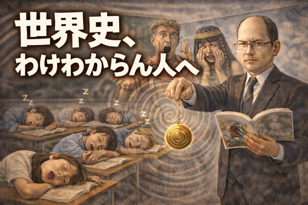 世界史の授業で多くの生徒が眠っている様子を描いたイラスト