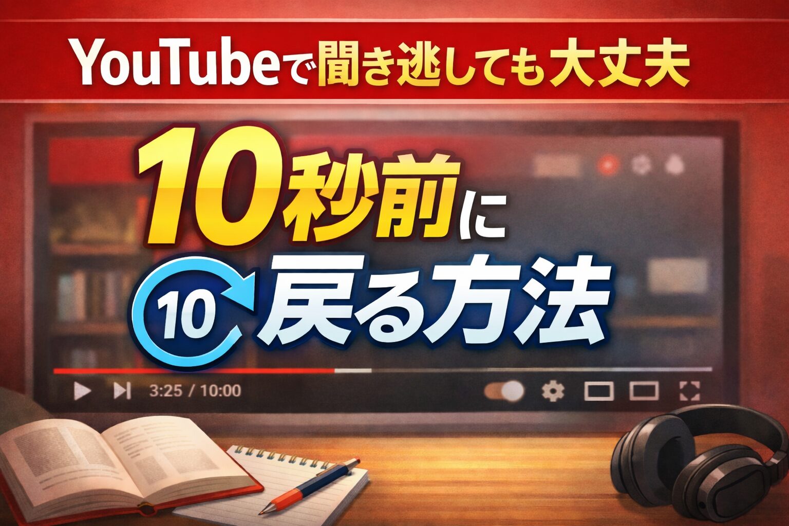 YouTubeで聞き逃した部分を10秒前に戻す方法を紹介するアイキャッチ画像