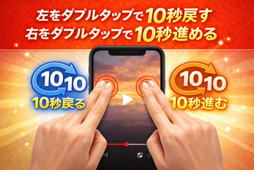 YouTubeアプリで画面の左側をダブルタップすると10秒戻り、右側をダブルタップすると10秒進む操作を示したスマホのイラスト画像